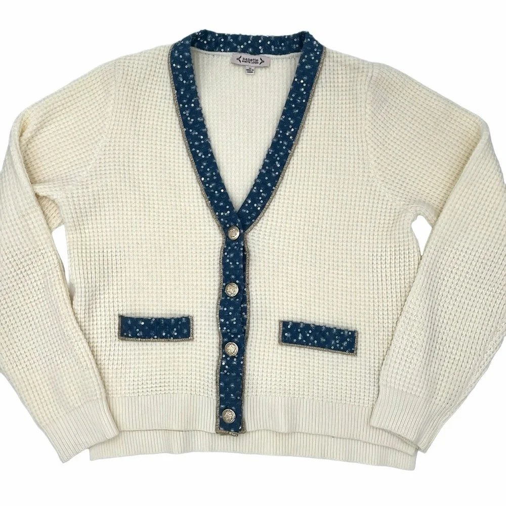 Nanette Lepore Waffle Knit Cardigan Medium Cream Tweed Denim Floral Trim Preppy